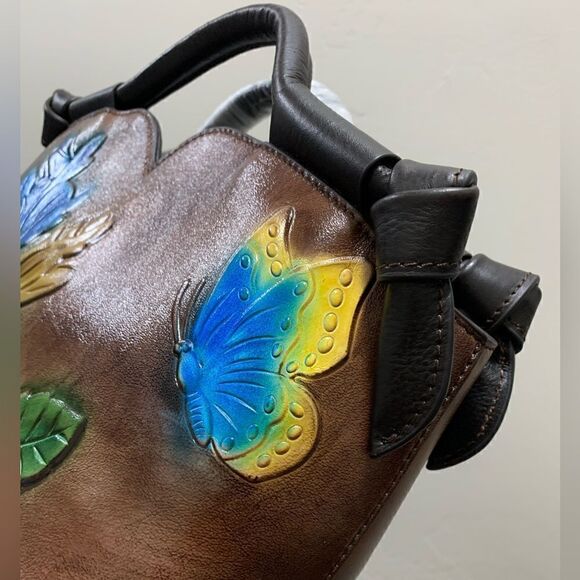 Genuine Distressed Leather Relief Floral & Butterfly Embossed Satchel/Crossbody - Picture 14 of 16